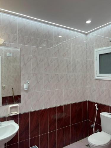 a bathroom with a toilet and a sink and a mirror at Private villa North Coast in Dawwār Muḩammad Abū Shanab