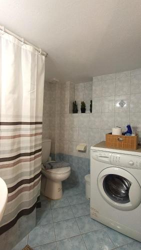 a bathroom with a toilet and a washing machine at Ammoudeli Coastal Escape in Plomari