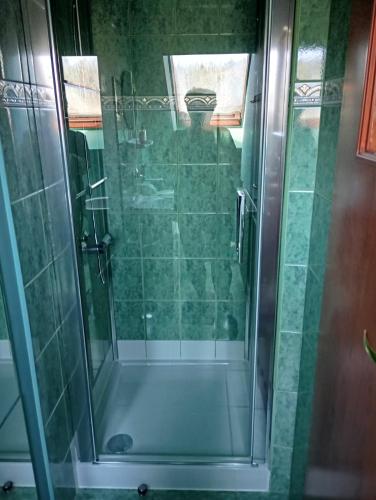 a shower with a glass door in a bathroom at POKOJE GOŚCINNE SURFINIA in Gdańsk
