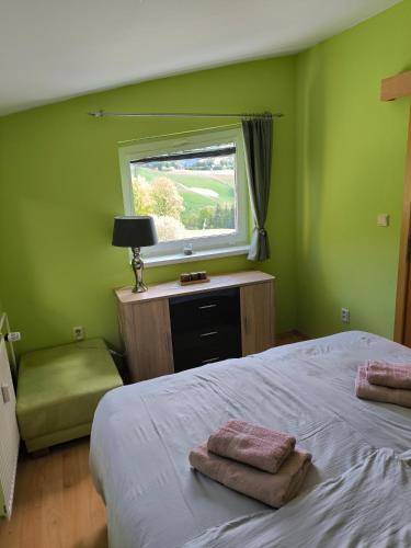 a green bedroom with a bed and a window at Hills View Apartment in Donovaly