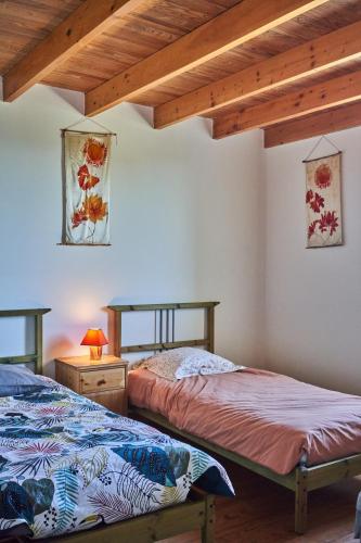 deux lits dans une chambre avec plafonds en bois dans l'établissement Entre garrigue et potager bio, à Montségur-sur-Lauzon
