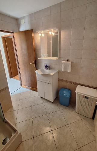 a bathroom with a sink and a shower and a toilet at Room Julija first row on see with wiew in Brna