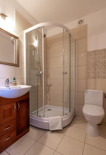 a bathroom with a shower and a toilet and a sink at Willa Helios in Darlowko