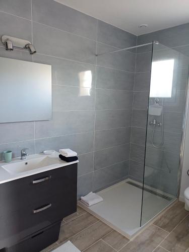 une salle de bain avec une douche, un lavabo et un miroir dans l'établissement Petite villa Canet d'Aude, à Canet d'Aude