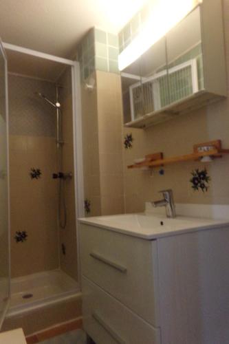 une salle de bain avec un lavabo et une douche dans l'établissement Résidence Pinede Mer Soleil, à Saint-Raphaël