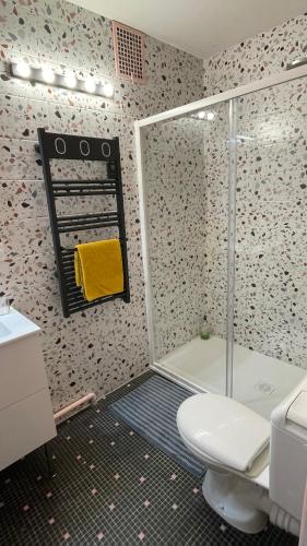 une salle de bain avec douche et toilettes dans l'établissement les Marronniers, à Vichy