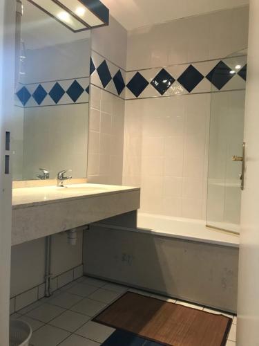 une salle de bain avec un lavabo, une baignoire et un miroir dans l'établissement Résidence Aquatis, à Chasseneuil-du-Poitou