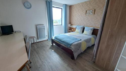 - une chambre avec un lit et un miroir dans l'établissement Résidence Aquatis, à Chasseneuil-du-Poitou