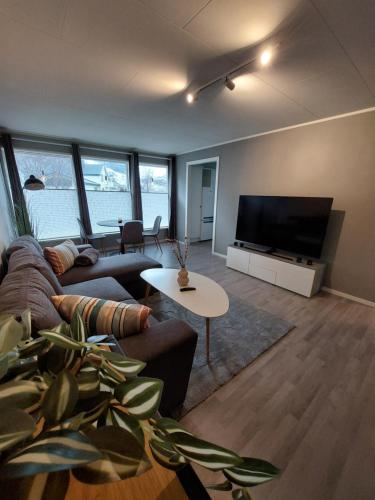 a living room with a couch and a flat screen tv at Cozy Apartment with Reinebringen Mountain View - Reine, Lofoten in Reine