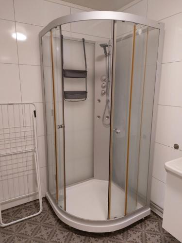 a shower with a glass door in a bathroom at Cozy Apartment with Reinebringen Mountain View - Reine, Lofoten in Reine
