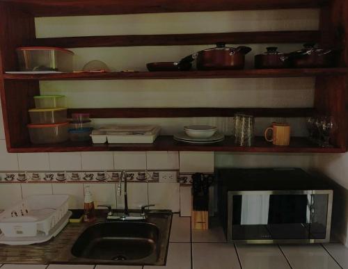 a kitchen with a sink and a microwave at Villas Kiki in Puerto Viejo