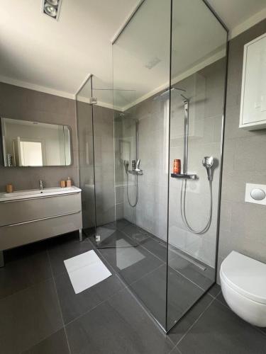 une salle de bain avec une douche, des toilettes et un lavabo dans l'établissement Villa Les Jasmins - Le Cannet-Vallauris - Modern with AC, ideal for fun and work, à Vallauris