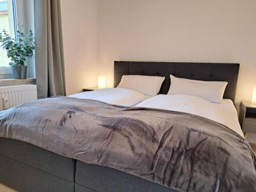 a bedroom with a large bed with white pillows at RegioStyle Apartment an der Müritz in Waren