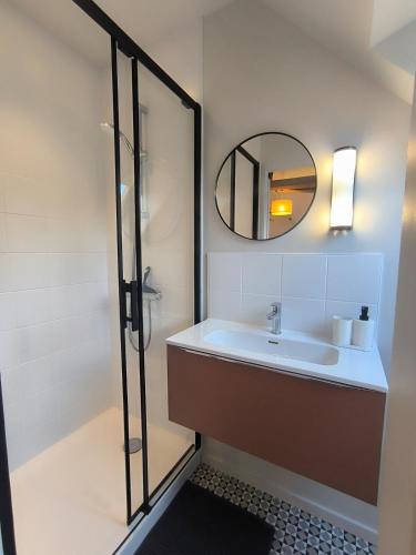 une salle de bain avec un lavabo et un miroir dans l'établissement La Maison Rouge sur le port à proximité de toutes commodités 2 personnes, à Plérin