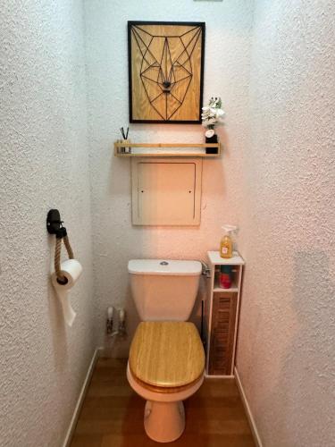 une salle de bain avec toilettes et un tableau au mur dans l'établissement Ski, confort famille, appartement Cosy, Vue montagne,piscine,parking, à Bagnères-de-Bigorre