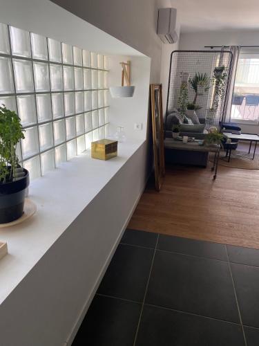 un salon avec un comptoir blanc et quelques plantes dans l'établissement Confort & tranquillité à deux pas des restos et de la gare, à Perpignan