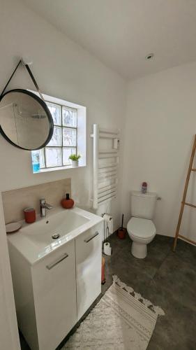 une salle de bain avec toilettes, lavabo et miroir dans l'établissement Appartement avec terrasse et balcon, à Bouzel