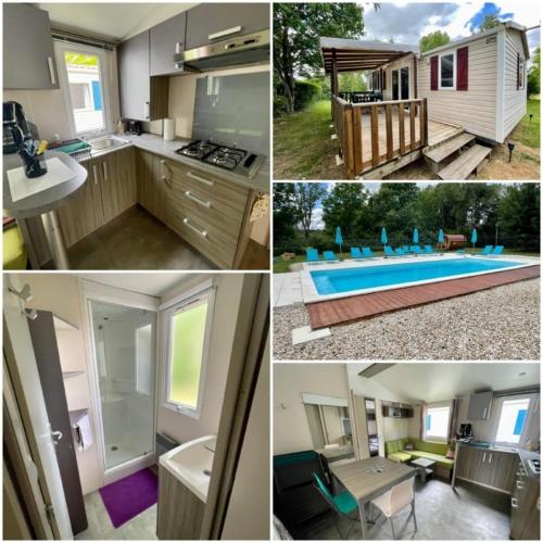 un collage de photos d'une cuisine et d'une maison dans l'établissement Mobil-home 3 chambres 6 personnes au camping de bairon 08390, à Le Chesne