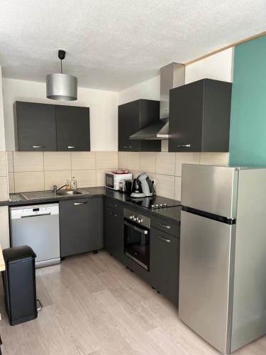 une cuisine équipée d'appareils en acier noir et inoxydable dans l'établissement Le Lorain cozy avec terrasse, à Épinal