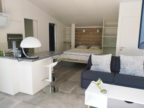 un salon avec un canapé et un lit dans l'établissement Cozy studio house with terrace 15 min from Paris, à Bièvres