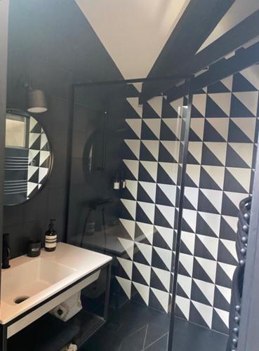 une salle de bain avec un mur à carreaux noir et blanc dans l'établissement Confort et raffinement au cœur du 6ème, à Lyon