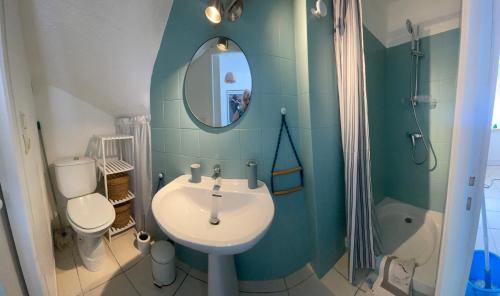 une salle de bain avec un lavabo, des toilettes et un miroir dans l'établissement Studio plein coeur d'Argeles sur Mer, à Argelès-sur-Mer