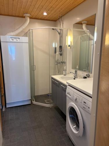 a bathroom with a washing machine and a sink at Ylläs Chalet 9212 in Ylläsjärvi