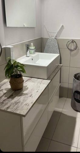 a bathroom with a white sink and a plant on a counter at Medusa House in Nea Skioni