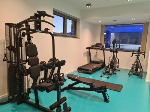 a gym with two tread machines and a treadmill at Seegasthof Hois'n Wirt - Hotel mit Wellnessbereich in Gmunden
