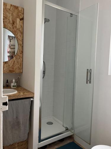 une salle de bain avec douche et lavabo dans l'établissement Appartement d'architecte, à Saint-Brieuc