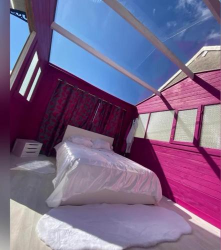 - un lit dans une chambre avec un mur rose dans l'établissement location insolite nuit étoilée, à Bettaincourt-sur-Rognon