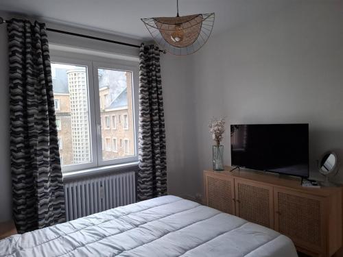 une chambre avec un lit, une télévision et une fenêtre dans l'établissement Sedan ville d histoire, à Sedan