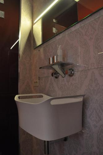 a bathroom with a white sink and a mirror at Schopenhauer in Ghent