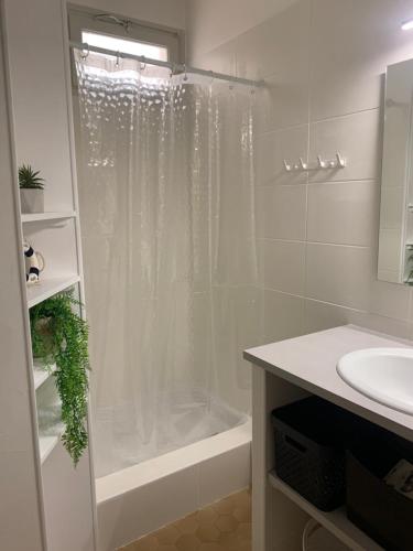 une salle de bain blanche avec une douche et un lavabo dans l'établissement Appartement Le Barcarès, au Barcarès