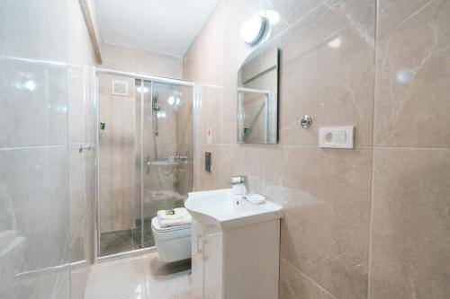 a bathroom with a shower and a sink and a toilet at Albatross Apartments in Bitola