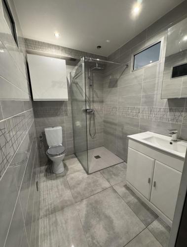 une salle de bain avec toilettes, douche et lavabo dans l'établissement Petit Nid Pieds dans l'eau, à Sausset-les-Pins