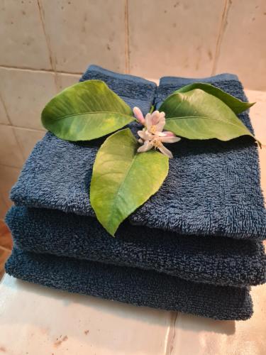 a pile of towels with a flower on top at La Posada Amena in Carcabuey