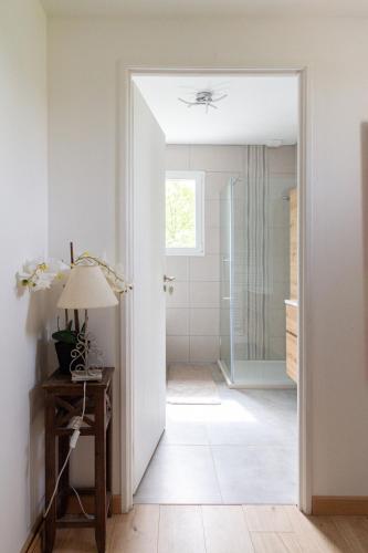 une salle de bain avec une douche à l'italienne et une porte vitrée dans l'établissement Maison avec piscine, au calme près de Toulouse, à Auzeville-Tolosane