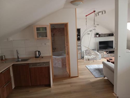 a kitchen and living room with a sink and a tub at Apartmán Putim in Písek