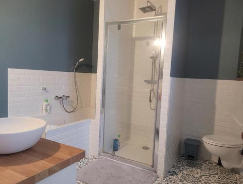 a bathroom with a shower and a sink and a toilet at Hellfest 2025 chambre petit-déjeuner in La Celle-sous-Gouzon