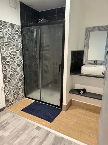 a shower stall in a bathroom with a mirror at Completely renovated house in Heuilley-le-Grand
