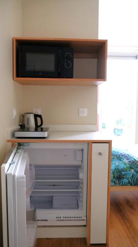 La cuisine est équipée d'un réfrigérateur et d'un four micro-ondes. dans l'établissement La Villa Chorier, à Grenoble