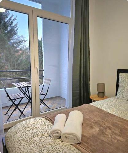 a bedroom with a bed and a balcony with a view at Brussels apartment with terrace 2 in Brussels