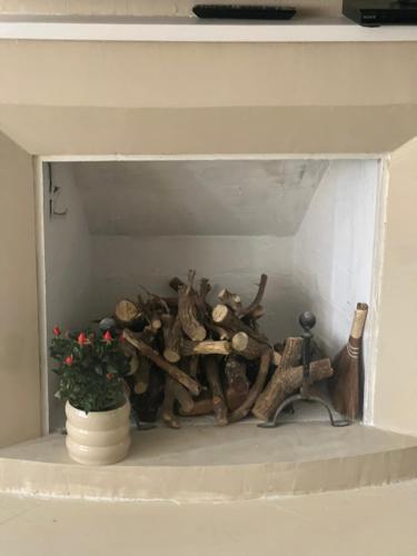 a shelf with a bunch of logs and a plant at Apartamento cerca Playa in Sitges