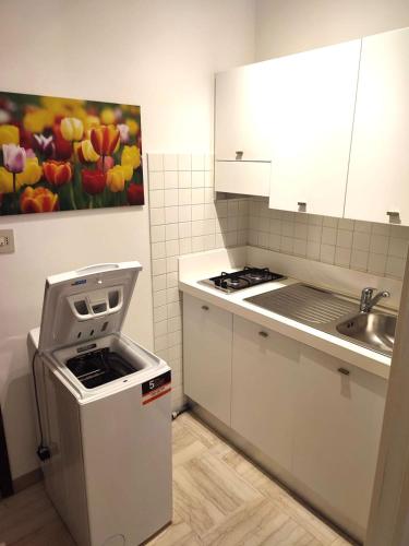 una cucina con un lavello e un dipinto di fiori di Fronte Mare Apartment Private Beach & Free Park a Lido di Jesolo