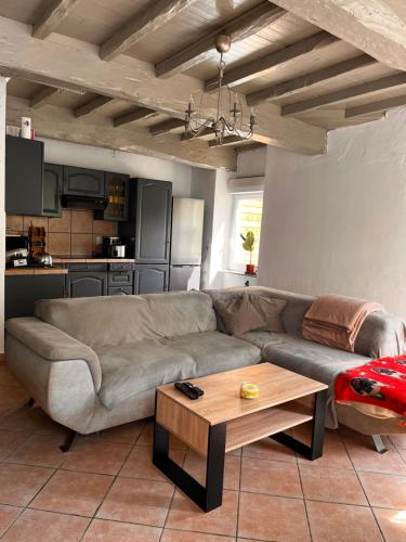 un salon avec un canapé et une table dans l'établissement Le domaine du moulin du pont, à Aurignac