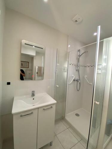 une salle de bain blanche avec une douche et un lavabo dans l'établissement Appart cozy - 2 chambres, à deux pas du centre ville, à Chalon-sur-Saône