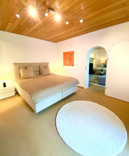 a bedroom with a bed and a white rug at HIDEAWAYandSPA Villa St Nikolaus in Großrosseln