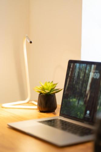 a laptop computer sitting on a desk with a plant at Moderno 1BR - Parking - 15 min NYC in Jersey City