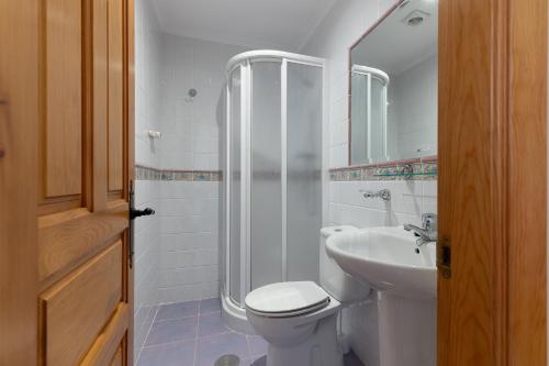 a bathroom with a shower and a toilet and a sink at Apartamentos El Cruce de Moratón in Cóbreces